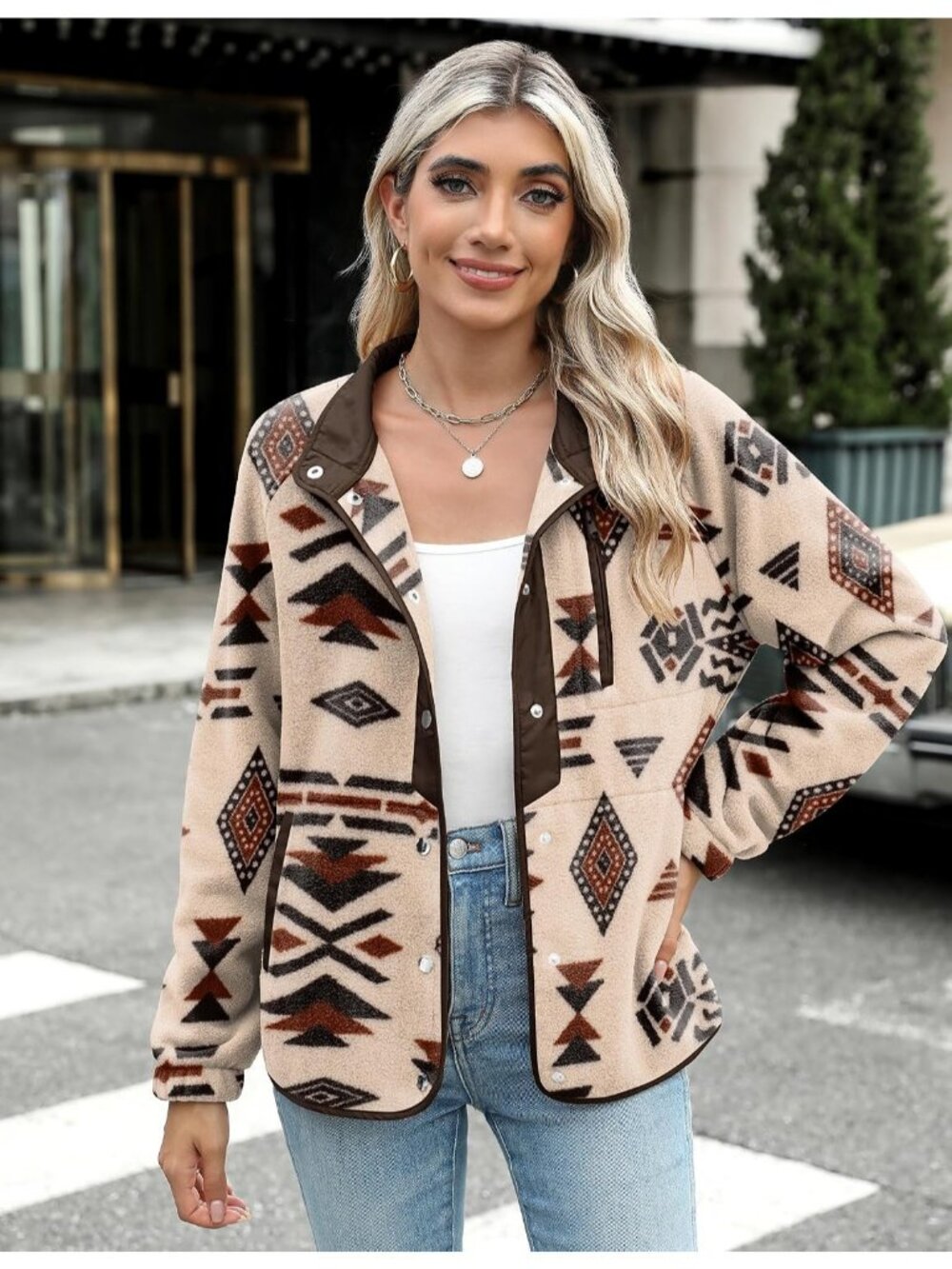 Women's Khaki Fleece Jacket Western Aztec Print Snap Button Down Outerwear - Picture 3 of 3